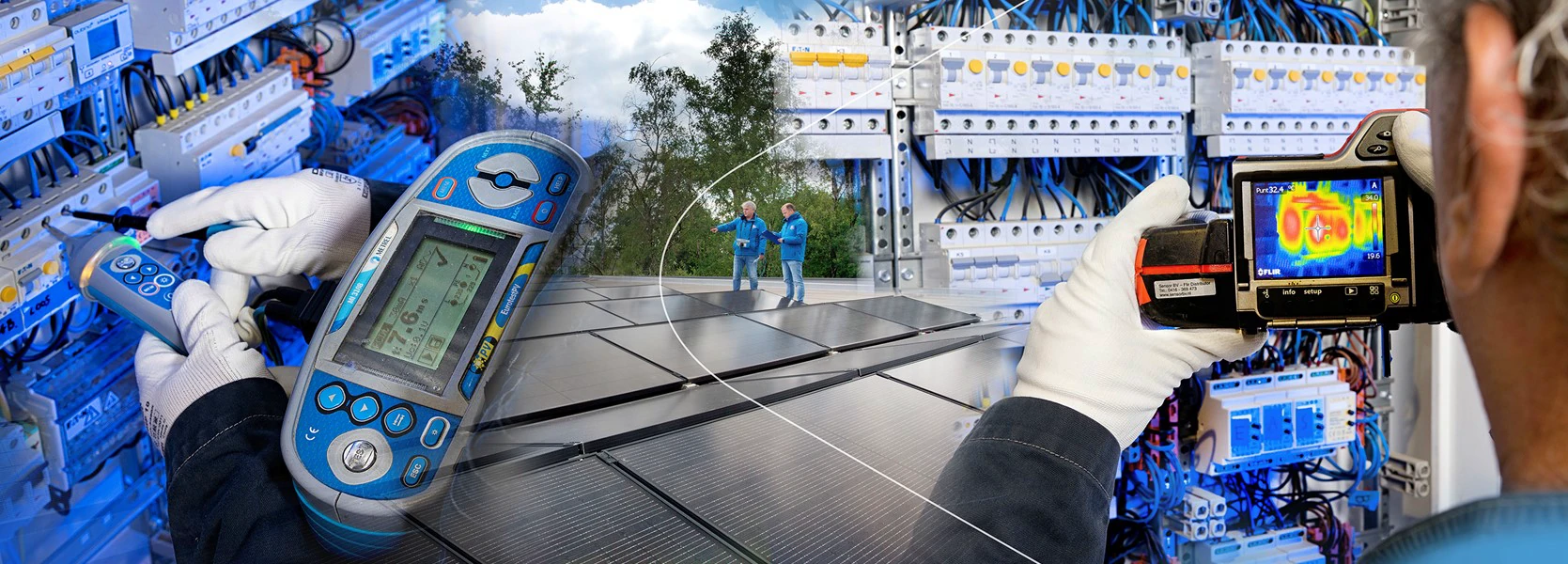 Inspectie van een verdeelkast en zonnestroominstallatie met meetapparatuur